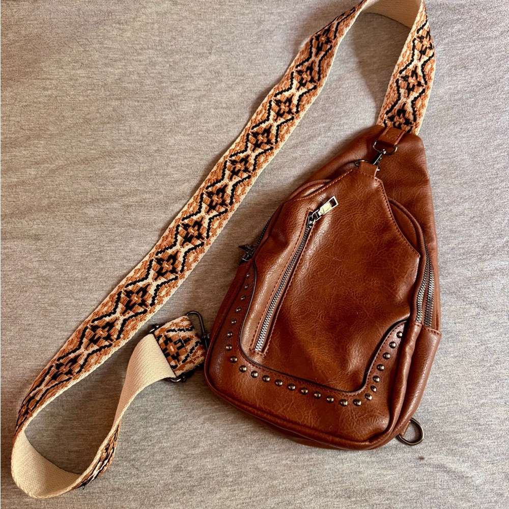 Brown Leather Crossbody Sling Bag with Patterned Strap